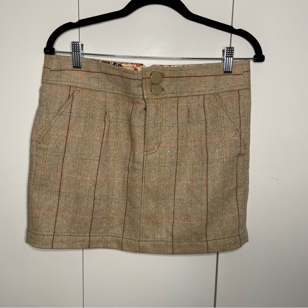 Fossil Tweed Lined Mini Skirt neutral plaid tan 6 academia preppy